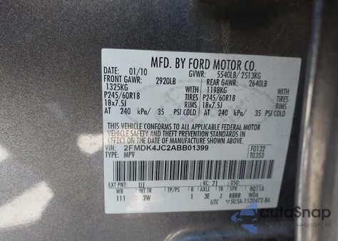 2010 Ford Edge Sel из США, поврежденный, VIN 2FMDK4JC2ABB01399